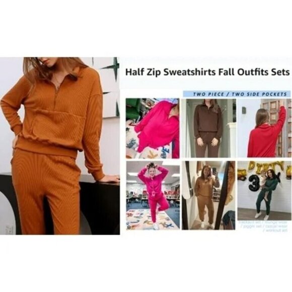 Womens 2 Piece Outfits Long Sleeve Half Zip Sweatsuits with Pockets Pullover Lou - Picture 3 of 4